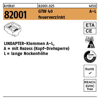 1 Stück, Artikel 82001 GTW 40 A-L feuerverzinkt LINDAPTER-Klemmen A-L mit Rezess (Kopf-Drehsperre), lange Nockenhöhe - Abmessung: LM 10 / 7,0**