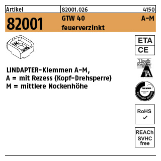 1 Stück, Artikel 82001 GTW 40 A-M feuerverzinkt LINDAPTER-Klemmen A-M mit Rezess (Kopf-Drehsperre), mittlere Nockenhöhe - Abmessung: MM 10 / 5,0**