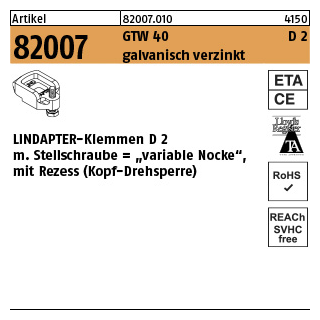 1 Stück, Artikel 82007 GTW 40 D 2 galvanisch verzinkt LINDAPTER-Klemmen D 2 mit Stellschraube, mit Rezess - Abmessung: M 12 / 10 - 22
