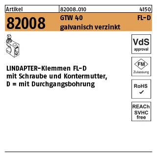 1 Stück, Artikel 82008 GTW 40 FL-D galvanisch verzinkt LINDAPTER-Klemmen FL-D mit Schraube und Kontermutter, mit Durchgangsbohrung - Abmessung: FL 2 - D 11