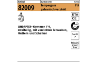 Artikel 82009 Temperguss F 9 galvanisch verzinkt LINDAPTER-Klemmen F 9, zweiteilig, mit verzinkten Schrauben, Muttern u. Scheibe - Abmessung: M 10 / 19 - 42 VE= (1 Stück)