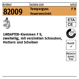 1 Stück, Artikel 82009 Temperguss F 9 feuerverzinkt LINDAPTER-Klemmen F 9, zweiteilig, mit verzinkten Schrauben, Muttern u. Scheibe - Abmessung: M 10 / 19 - 42