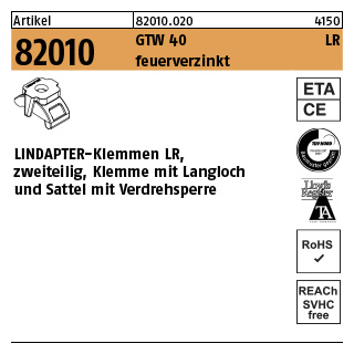 1 Stück, Artikel 82010 GTW 40 LR feuerverzinkt LINDAPTER-Klemmen LR, zweiteilig, Klemme mit Langloch u. Sattel mit verdrehsperre - Abmessung: M 12 / 3 - 12