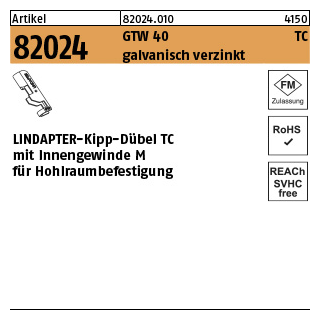 1 Stück, Artikel 82024 GTW 40 TC galvanisch verzinkt LINDAPTER-Kipp-Dübel TC mit Innengewinde für Hohlraumbefestigung - Abmessung: TC 8