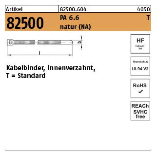 100 Stück, Artikel 82500 PA 6.6 T natur (NA) Kabelbinder, innenverzahnt, Standard - Abmessung: 2,5 x 200/ 50