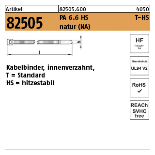 1000 Stück, Artikel 82505 PA 6.6 HS T-HS natur (NA) Kabelbinder, innenverzahnt, Standard hitzestabil - Abmessung: 2,5 x 145 / 35