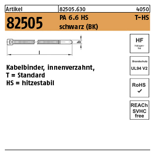 100 Stück, Artikel 82505 PA 6.6 HS T-HS schwarz (BK) Kabelbinder, innenverzahnt, Standard hitzestabil - Abmessung: 4,6 x 150 / 35