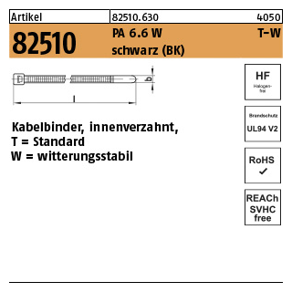 100 Stück, Artikel 82510 PA 6.6 W T-W schwarz (BK) Kabelbinder, innenverzahnt, Standard witterungsstabil - Abmessung: 2,5 x 145 / 35