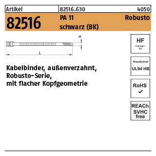 100 Stück, Artikel 82516 PA 11 Robusto schwarz Kabelbinder, außenverzahnt, Robusto-Serie, mit flacher Kopfgeometrie - Abmessung: 9,0 x 260/62