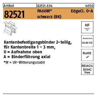 500 Stück, Artikel 82521 PA66W EdgeCl. O-A schwarz Kantenbefestigungsbinder 2-teilig, für Kantenbreite 1-3mm, Aufn. oben-axial - Abmessung: 4,6 x 200/45