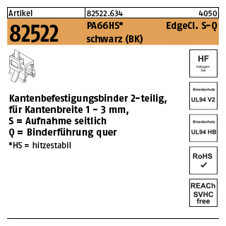 500 Stück, Artikel 82522 PA66HS EdgeCl. S-Q schwarz Kantenbefestigungsbinder 2-teilig, für Kantenbreite 1-3mm, Aufn. seitlich-quer - Abmessung: 3,6 x 150/33