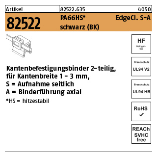 500 Stück, Artikel 82522 PA66HS EdgeCl. S-A schwarz Kantenbefestigungsbinder 2-teilig, für Kantenbreite 1-3mm, Aufn. seitlich-axial - Abmessung: 4,6 x 200/45