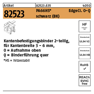 500 Stück, Artikel 82523 PA66HS EdgeCl. O-Q schwarz Kantenbefestigungsbinder 2-teilig, für Kantenbreite 3-6mm, Aufn. oben-quer - Abmessung: 4,6 x 150/35