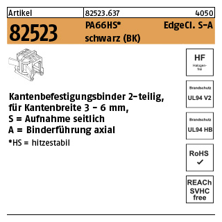 500 Stück, Artikel 82523 PA66HS EdgeCl. S-A schwarz Kantenbefestigungsbinder 2-teilig, für Kantenbreite 3-6mm, Aufn. seitlich-axial - Abmessung: 4,6 x 200/45