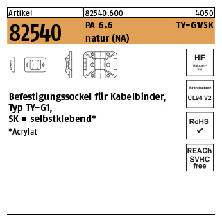 100 Stück, Artikel 82540 PA 6.6 TY-G1/SK natur (NA) Befestigungssockel für Kabelbinder, Typ TY-G1, selbstklebend - Abmessung: 8