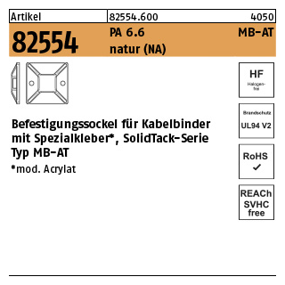 100 Stück, Artikel 82554 PA 6.6 MB-AT natur Befestigungssockel für Kabelbinder mit Spezialkleber, SolidTack-Serie Typ MB-AT - Abmessung: 4,1 - 19 x 19