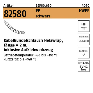 1 Stück, Artikel 82580 PP HWPP schwarz Kabelbündelschlauch Helawrap, Länge = 2m, inklusive Aufziehwerkzeug - Abmessung: 27