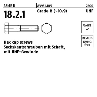 100 Stück, ASME B 18.2.1 Grade 8 (~10.9) UNF Hex cap screws, Sechskantschrauben mit Schaft, mit UNF Gewinde - Abmessung: 1/4 x 1 3/4