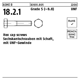 100 Stück, ASME B 18.2.1 Grade 5 (~8.8) UNF Hex cap screws, Sechskantschrauben mit Schaft, mit UNF Gewinde - Abmessung: 1/4 x 2 1/4