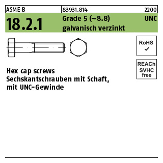 100 Stück, ASME B 18.2.1 Grade 5 (~8.8) UNC galvanisch verzinkt Hex cap screws, Sechskantschrauben mit Schaft, mit UNC Gewinde - Abmessung: 1/4 x 2 1/2