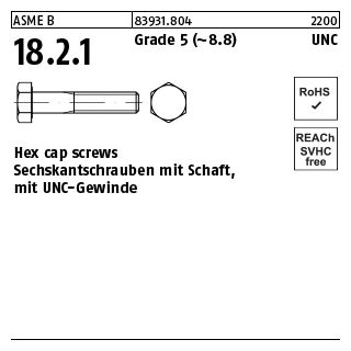 50 Stück, ASME B 18.2.1 Grade 5 (~8.8) UNC Hex cap screws, Sechskantschrauben mit Schaft, mit UNC Gewinde - Abmessung: 7/16 x 4