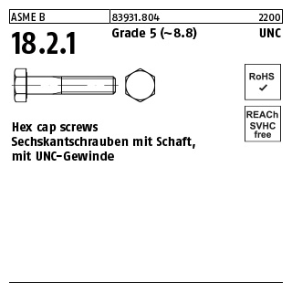 ASME B 18.2.1 Grade 5 (~8.8) UNC Hex cap screws, Sechskantschrauben mit Schaft, mit UNC Gewinde - Abmessung: 1 x 5, Inhalt: 10 Stück