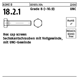 100 Stück, ASME B 18.2.1 Grade 8 (~10.9) UNC Hex cap screws, Sechskantschrauben mit Vollgew., mit UNC Gewinde - Abmessung: 1/4 x 1/2