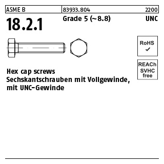 100 Stück, ASME B 18.2.1 Grade 5 (~8.8) UNC Hex cap screws, Sechskantschrauben mit Vollgew., mit UNC Gewinde - Abmessung: 1/4 x 5/8