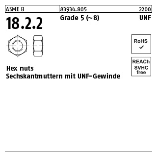 100 Stück, ASME B 18.2.2 Grade 5 (~8) UNF Hex cap screws, Sechskantmuttern mit mit UNF-Gewinde - Abmessung: 7/16