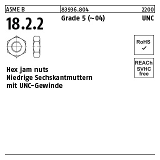 100 Stück, ASME B 18.2.2 Grade 5 (~04) UNC Hex jam nuts, Niedrige Sechskantmu. mit UNC-Gewinde - Abmessung: 1/4