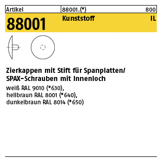 1000 Stück, Artikel 88001 Kunststoff IL Zierkappen mit Stift für Spanplatten/SPAX-Schrauben mit Innenloch - Abmessung: 2,5 x 12