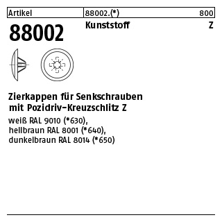 1000 Stück, Artikel 88002 Kunststoff KS-Z, weiß Zierkappen für Senkschrauben mit Pozidriv-Kreuzschlitz Z - Abmessung: 1 x 8 / 3