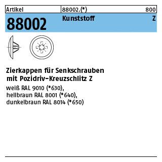 1000 Stück, Artikel 88002 Kunststoff KS-Z, hellbraun Zierkappen für Senkschrauben mit Pozidriv-Kreuzschlitz Z - Abmessung: 1 x 8 / 3