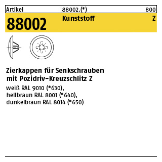 1000 Stück, Artikel 88002 Kunststoff KS-Z, dunkelbraun Zierkappen für Senkschrauben mit Pozidriv-Kreuzschlitz Z - Abmessung: 1 x 8 / 3