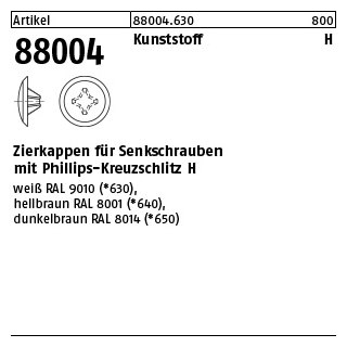 1000 Stück, Artikel 88004 Kunststoff KS-H, weiß Zierkappen für Senkschrauben mit Phillips-Kreuzschlitz H - Abmessung: 2 x 12 / 3,5-5