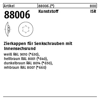 1000 Stück, Artikel 88006 Kunststoff ISR, weiß Zierkappen für Senkschrauben mit Innensechsrund - Abmessung: 20 x12 /4-4,5