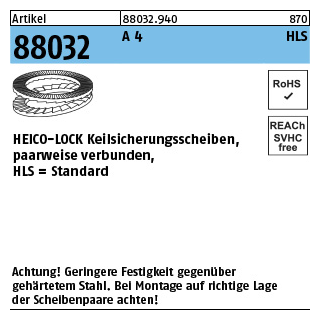 200 Stück, Artikel 88032 A 4 Heico-Lock-Scheiben, Standard (Keilsicherungsscheibenpaare) - Abmessung: HLS- 3,5S
