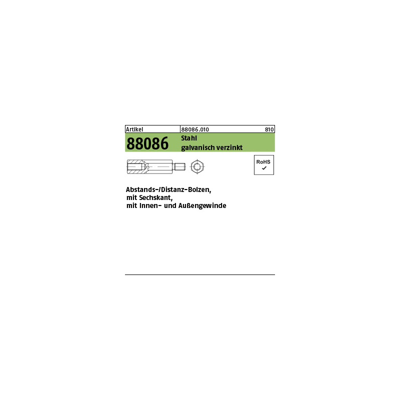 Art. 88086 6kt.-Abstandsbolzen St. gal.vz. M3x8/ 6 100 St.