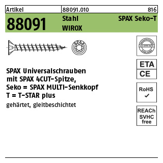 200 Stück, Artikel 88091 Stahl SPAX Seko-T Oberfläche WIROX SPAX Universalschrauben mit Spitze, SPAX MULTI-Senkkopf, T-STAR - Abmessung: 3 x 12/10-T10