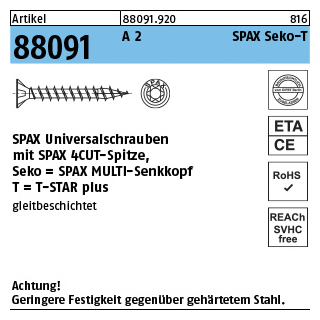 200 Stück, Artikel 88091 A 2 SPAX Seko-T SPAX Universalschrauben mit Spitze, SPAX MULTI-Senkkopf, T-STAR - Abmessung: 3 x 12/10-T10
