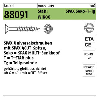 1000 Stück, Artikel 88091 St. SPAX Seko-T-Tg Oberfläche WIROX SPAX Universalschrauben mit Spitze, SPAX MULTI-Senkkopf, Teilgewinde, T-STAR - Abmessung: 3 x 30/18-T10