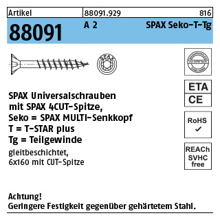100 Stück, Artikel 88091 A 2 SPAX Seko-T-Tg SPAX Universalschrauben mit Spitze, SPAX MULTI-Senkkopf, Teilgewinde, T-STAR - Abmessung: 6 x120/68-T30
