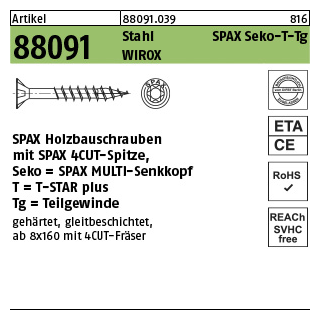 50 Stück, Artikel 88091 St. SPAX Seko-T-Tg Oberfläche WIROX SPAX Holzbauschrauben mit Spitze, SPAX MULTI-Senkkopf, Teilgewinde, T-STAR - Abmessung: 8 x 140/80-T40