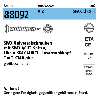 200 Stück, Artikel 88092 A 2 SPAX Liko-T SPAX Universalschrauben mit Spitze, SPAX MULTI-Linsensenkkopf, T-STAR - Abmessung: 3 x 20/16-T10