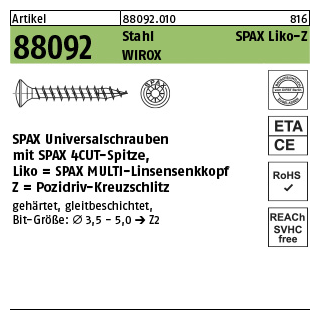 1000 Stück, Artikel 88092 Stahl SPAX Liko-Z Oberfläche WIROX SPAX Universalschrauben mit Spitze, SPAX MULTI-Linsensenkkopf, Pozidriv-KS - Abmessung: 3,5 x 15/11-Z