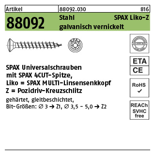 1000 Stück, Artikel 88092 Stahl SPAX Liko-Z galvanisch vernickelt SPAX Universalschrauben mit Spitze, SPAX MULTI-Linsensenkkopf, Pozidriv-KS - Abmessung: 3,5 x 25/20-Z