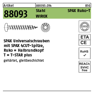 200 Stück, Artikel 88093 Stahl SPAX Ruko-T Oberfläche WIROX SPAX Universalschrauben mit Spitze, SPAX MULTI-Halbrundkopf, T-STAR - Abmessung: 3 x 12/11-T10
