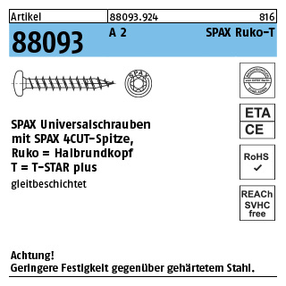 200 Stück, Artikel 88093 A 2 SPAX Ruko-T SPAX Universalschrauben mit Spitze, SPAX MULTI-Halbrundkopf, Pozidriv-KS - Abmessung: 3 x 20/16-T10