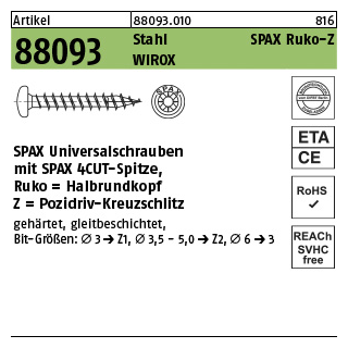 1000 Stück, Artikel 88093 Stahl SPAX Ruko-Z Oberfläche WIROX SPAX Universalschrauben mit Spitze, SPAX MULTI-Halbrundkopf, Pozidriv-KS - Abmessung: 3,5 x 15/12-Z