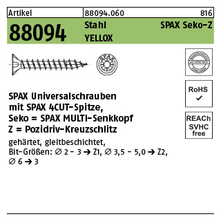 1000 Stück, Artikel 88094 Stahl SPAX Seko-Z Oberfläche YELLOX SPAX Universalschrauben mit Spitze, SPAX MULTI-Senkkopf, Pozidriv-KS - Abmessung: 2 x 10/ 8-Z